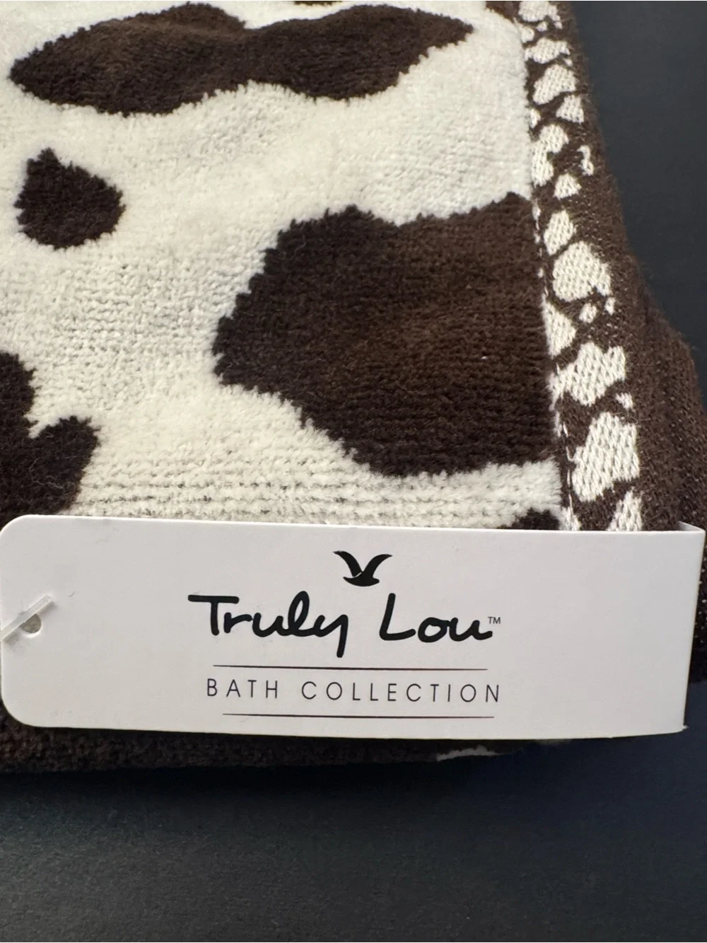 3pc TRULY LOU Bath Towel Set - Cotton Velour - Cow Print -Hot Fudge-Br/OffWhite